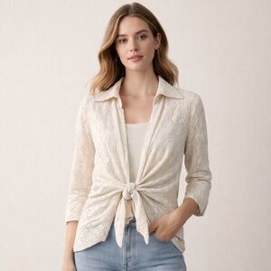 Finley Shirt Womens Small White Eyelet Cotton Tie Front 3/4 Sleeve Boho